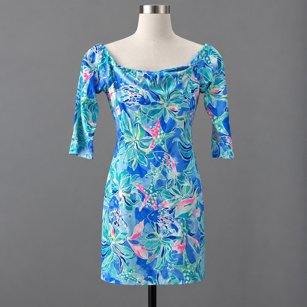 Lilly Pulitzer Dress Womens S Blue Tropical Starfish Cowl Neck 3/4 Sleeve Sheath